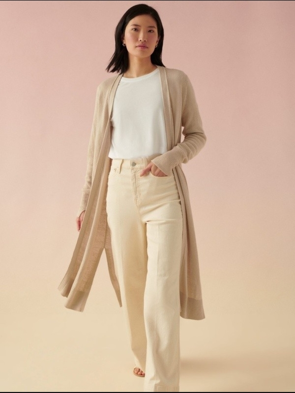 White + Warren Off-White Linen Cotton Long Open Front Duster Cardigan — image 4 of 8